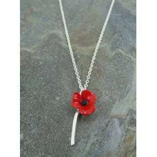 Red Poppy On Stem Pendant with Chain